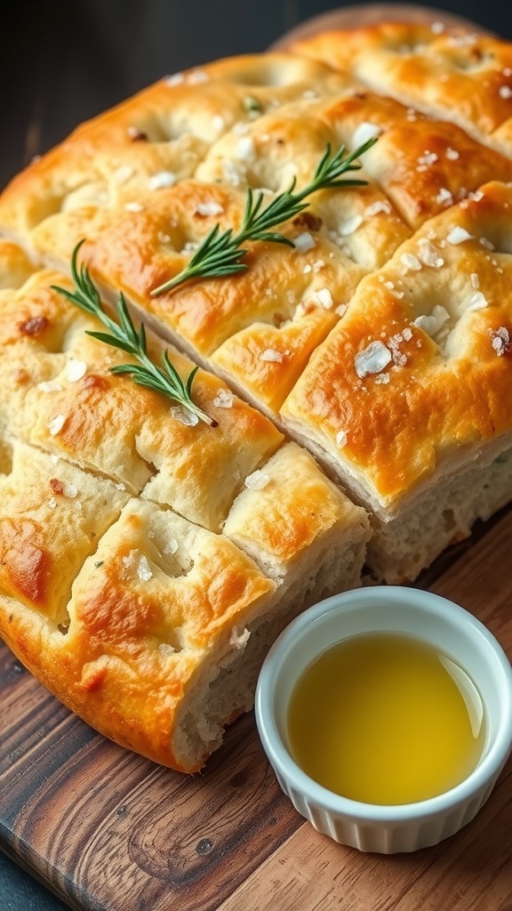 Golden brown focaccia bread topped with rosemary and sea salt, served on a wooden board with olive oil.